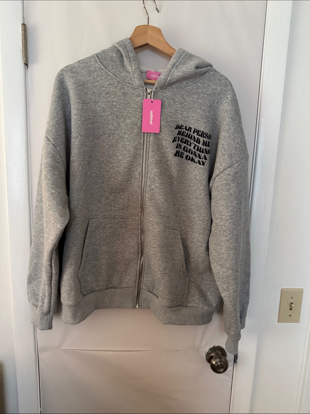Edikted Light Gray Zip-Up Hoodie with Black Text